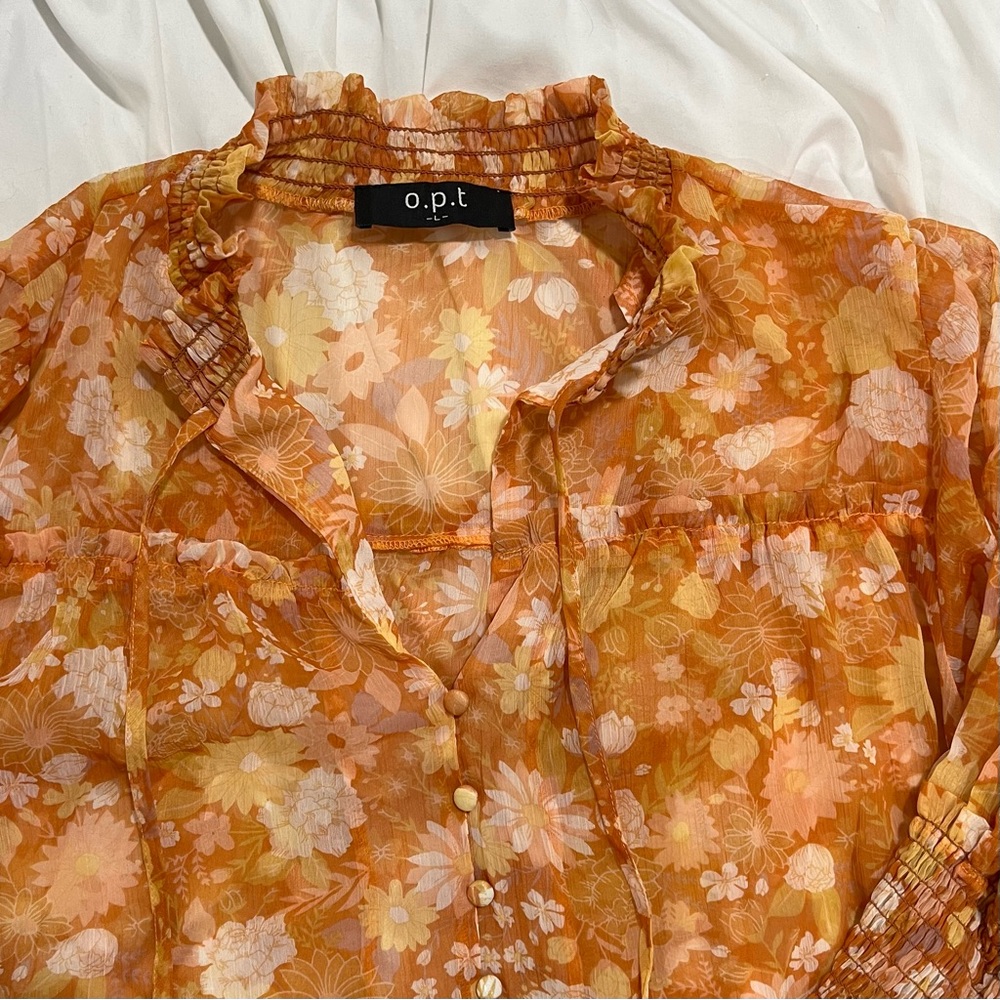 Anthropologie O.P.T. (One Pretty Time) Orange Floral Print Chiffon Blouse